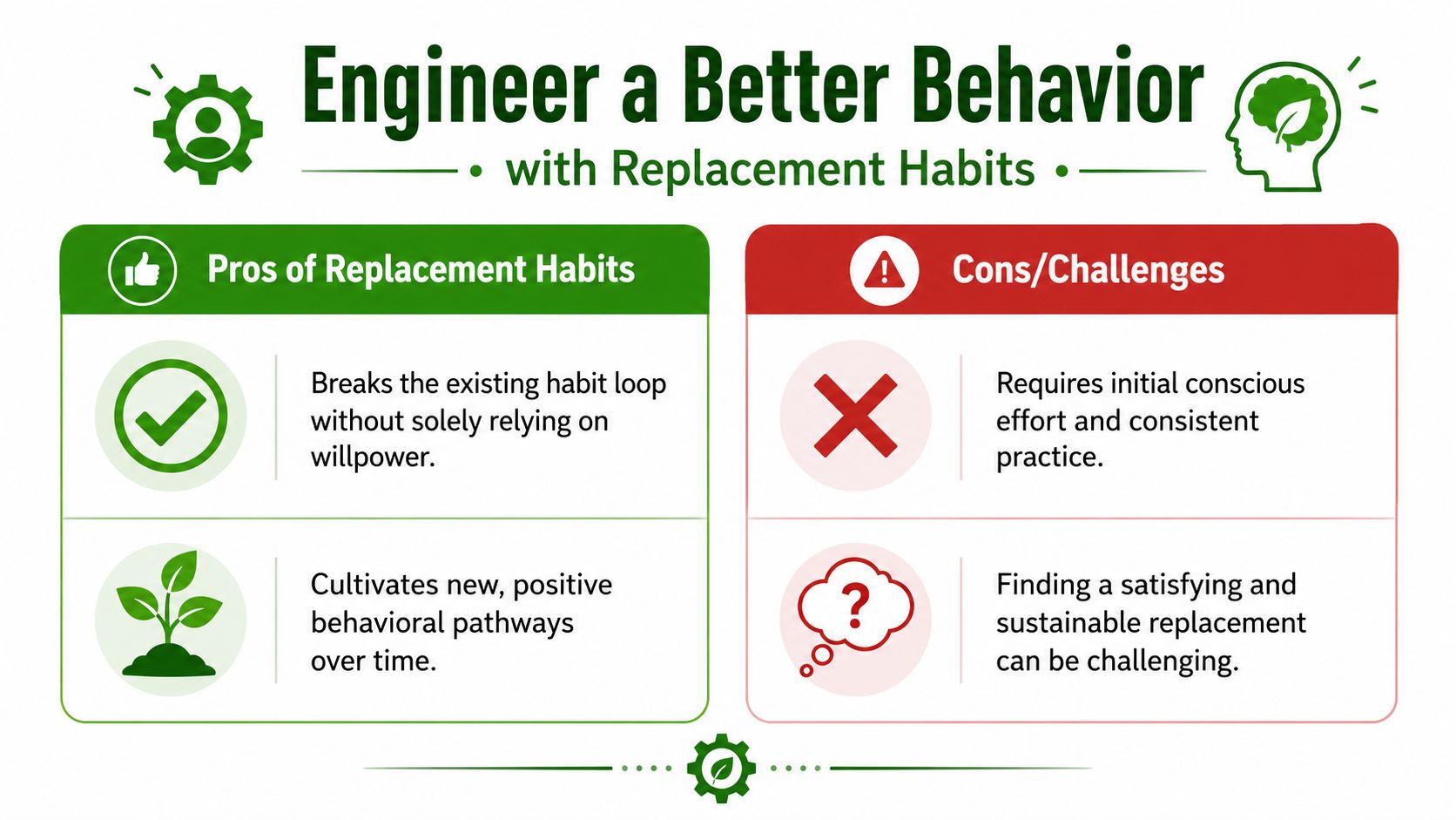 An infographic titled Engineer a Better Behavior showing pros and cons of using replacement habits to change.