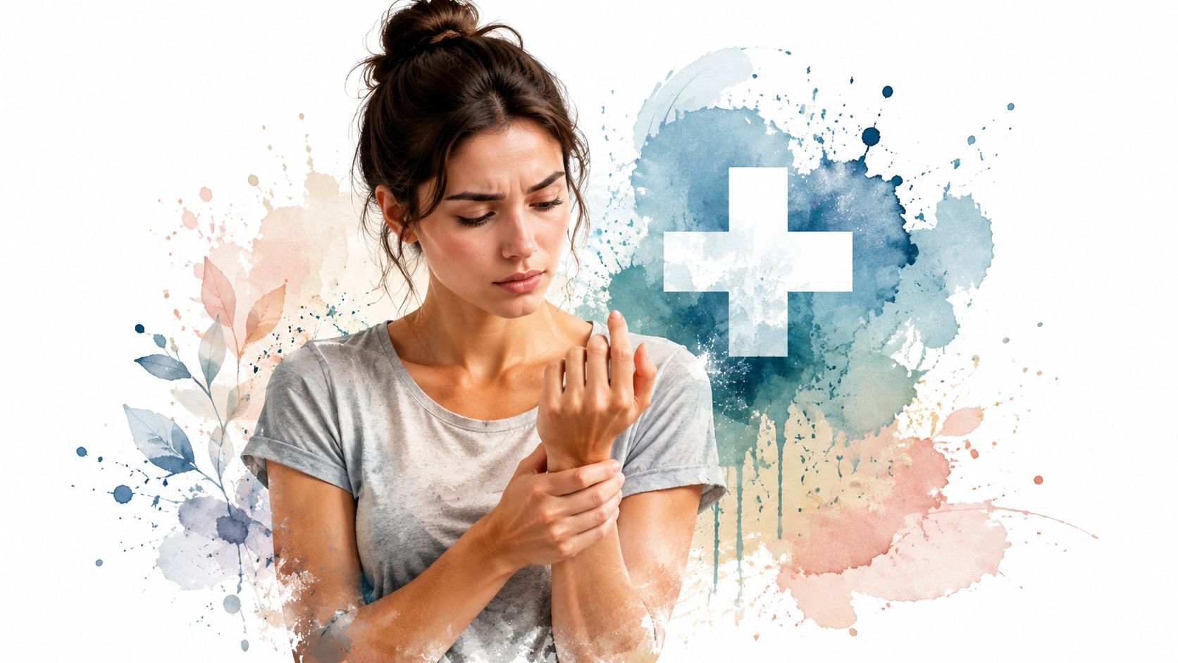 A woman feeling physical discomfort in her wrist with a medical cross symbol in the background.