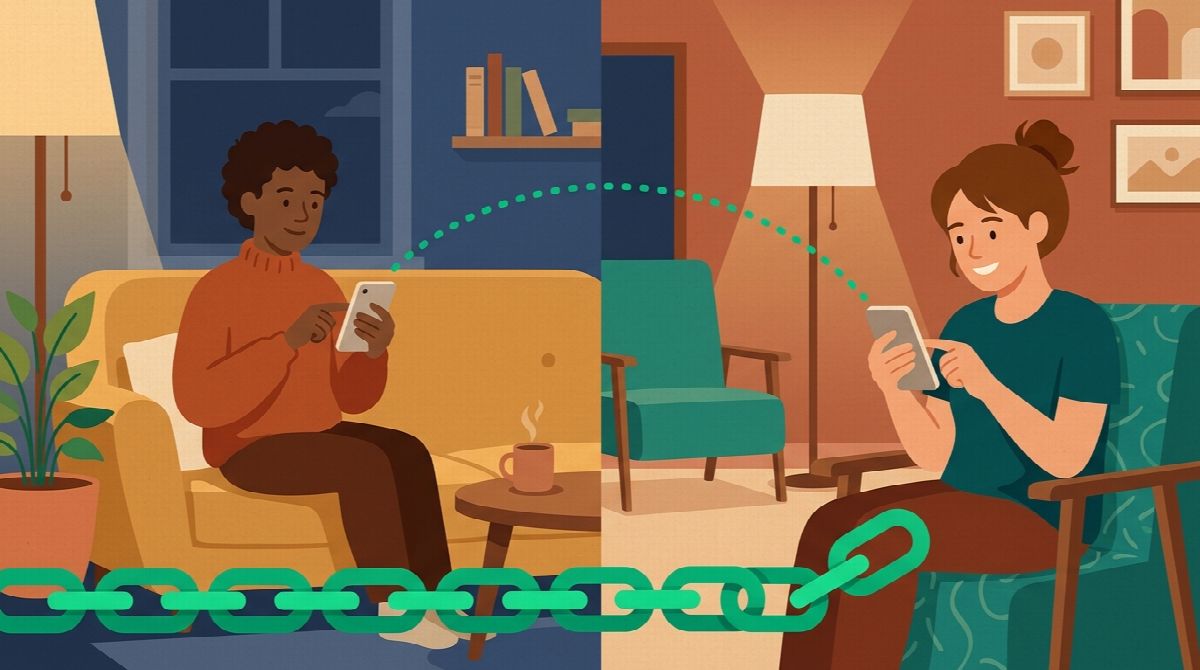 Two friends in separate homes, one sending a short evening progress message and the other reading it, linked by a growing chain of emerald links