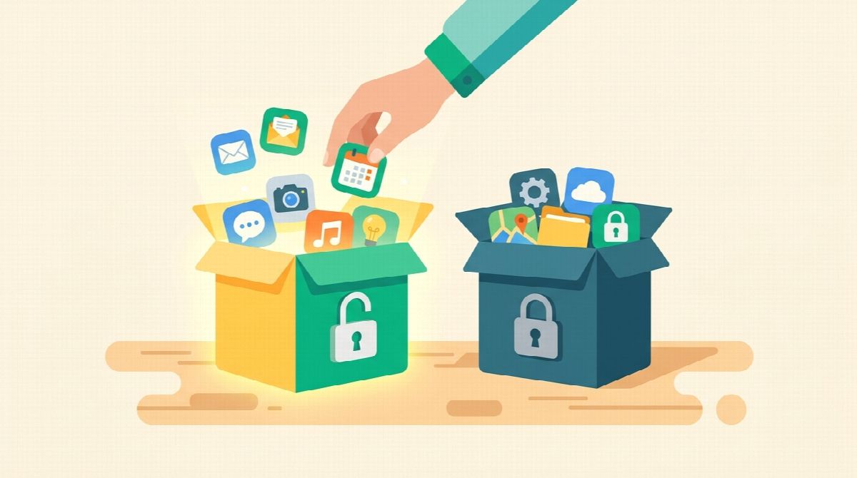 Illustration of a hand sorting app icons into free and paid groups