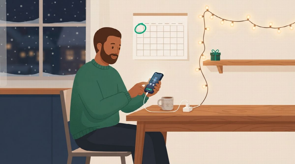 Illustration of a man at a kitchen table on a snowy December evening setting up his phone, a wall calendar behind him with the first day of the month circled in green