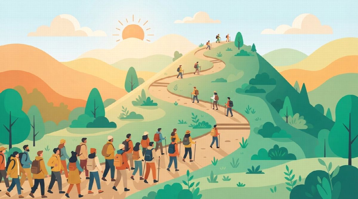 Illustration of a hiking trail that is crowded with people at the bottom of a hill and thins to a few steady walkers near the top