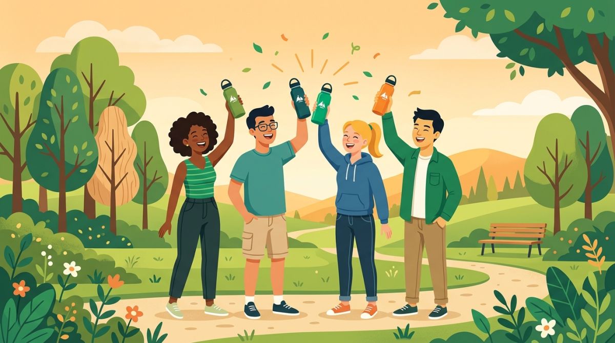 Illustration of a group of friends raising water bottles together in celebration