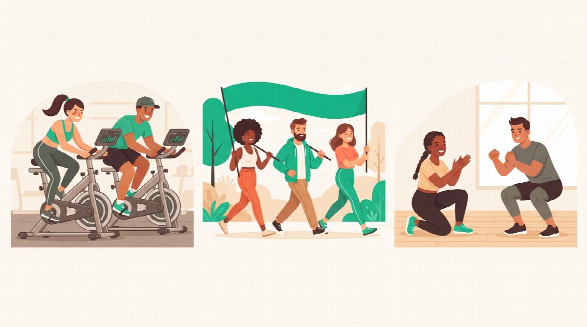 Three scenes side by side: two people racing on stationary bikes, three friends carrying one green banner together, and one person clapping while a friend does squats