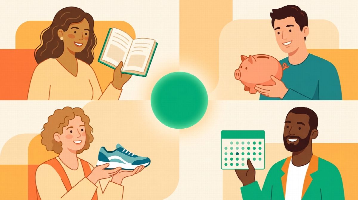 Illustration of a group choosing between different things to count: movement, reading, saving, and daily consistency