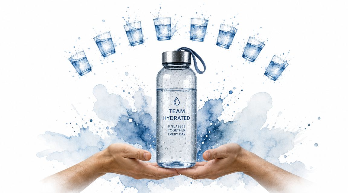 A pair of hands holds a glass water bottle surrounded by eight glasses of water representing hydration.