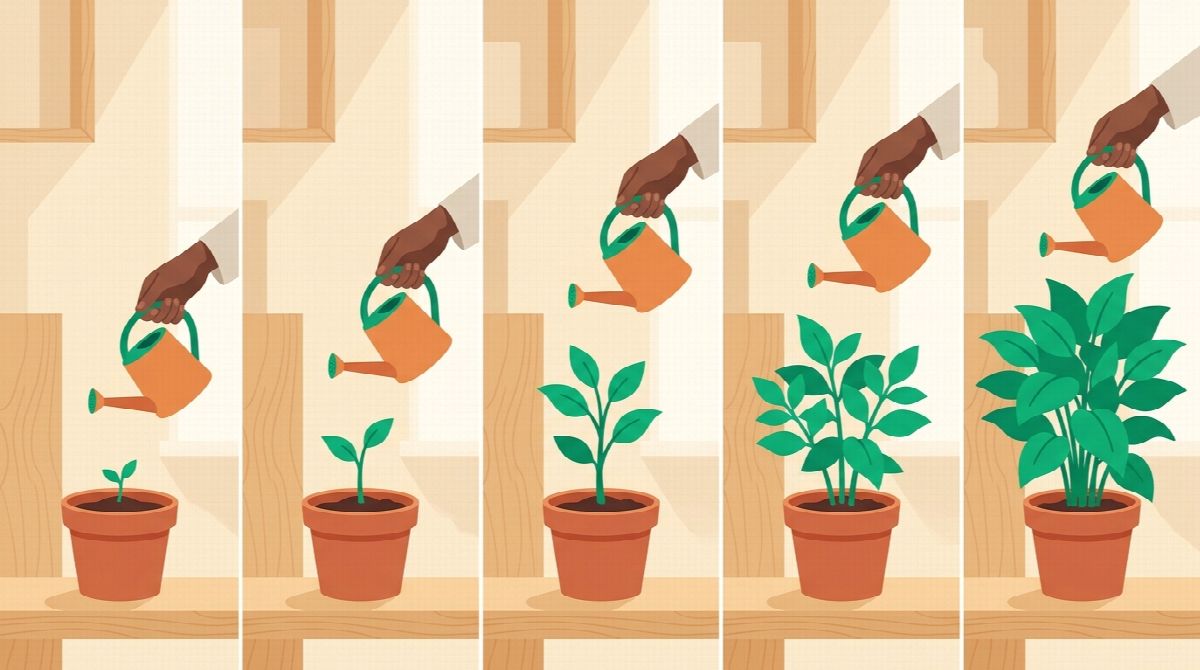 Illustration of a small plant being watered daily, growing larger across five panels