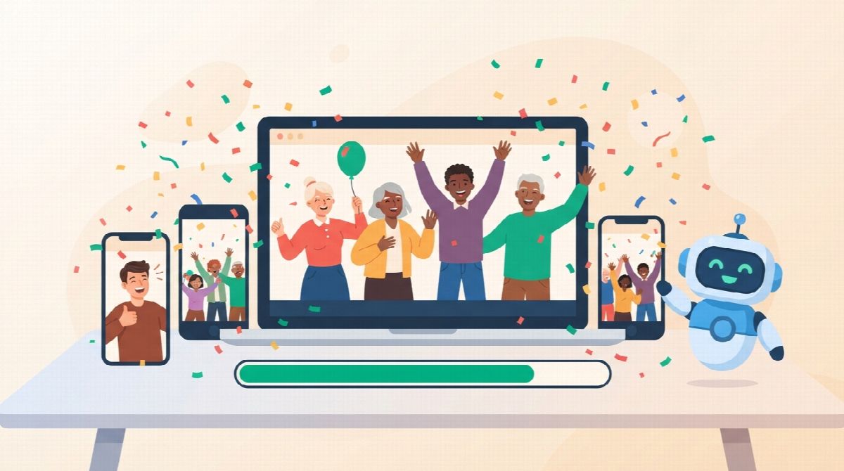 People cheering through laptop and phone screens with confetti and a progress bar filling up