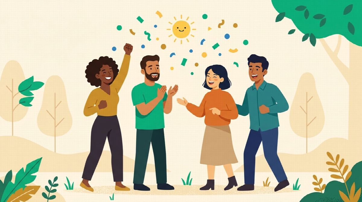 Small group of friends celebrating a daily win together, flat illustration