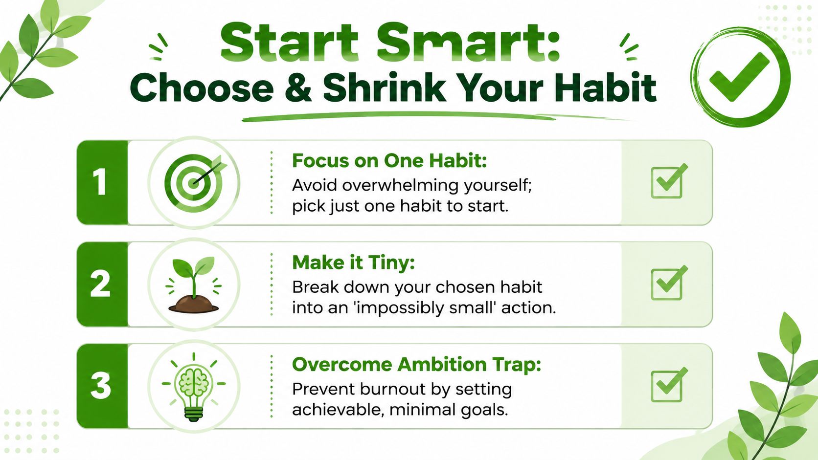 An infographic titled Start Smart showing three steps to choose and shrink habits for personal growth.