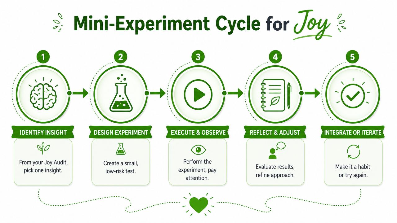 A diagram illustrating a five-step mini-experiment cycle for improving personal joy and lifestyle habits.