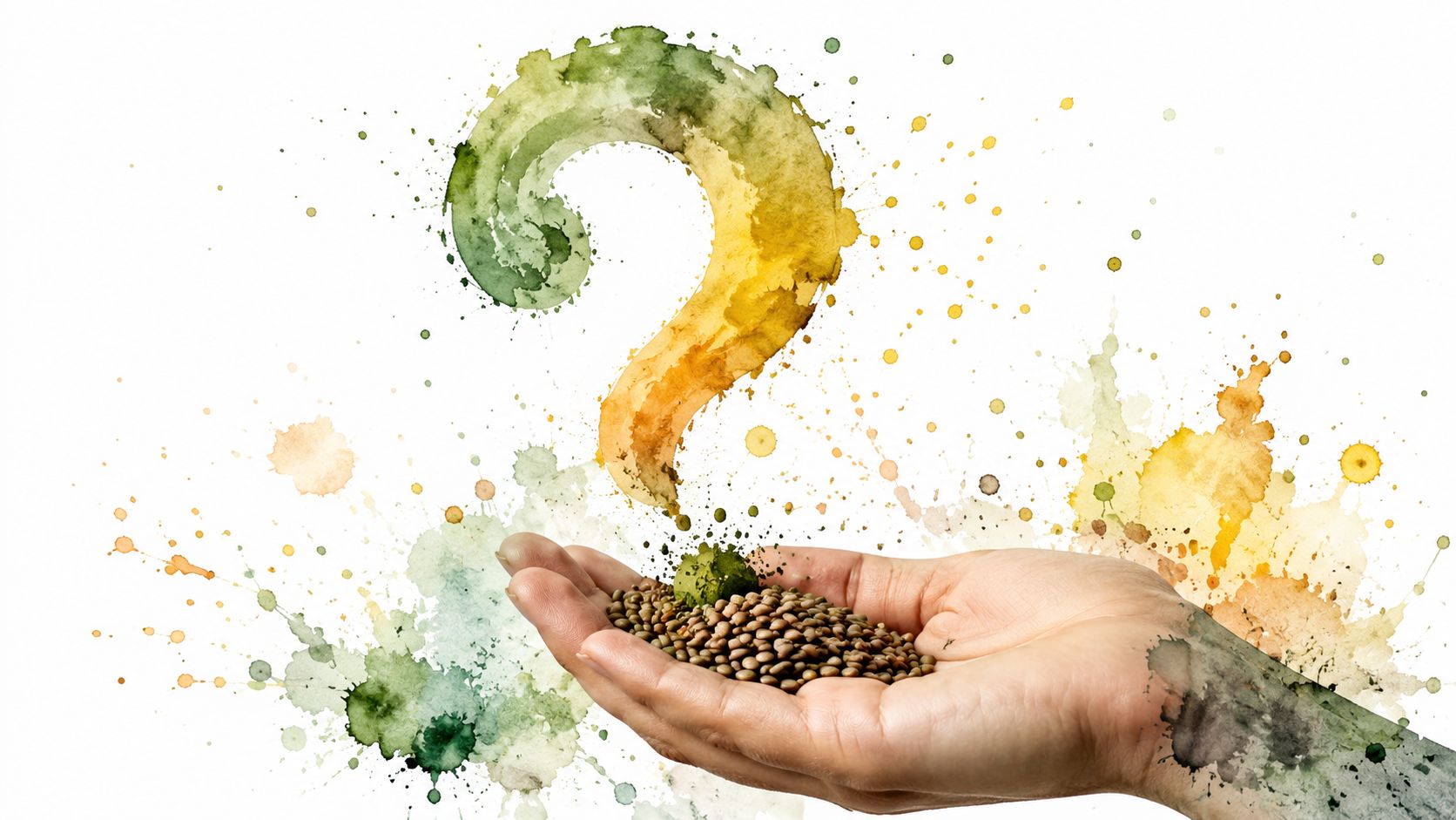 A hand holding a handful of dried lentils with a watercolor question mark floating above them.