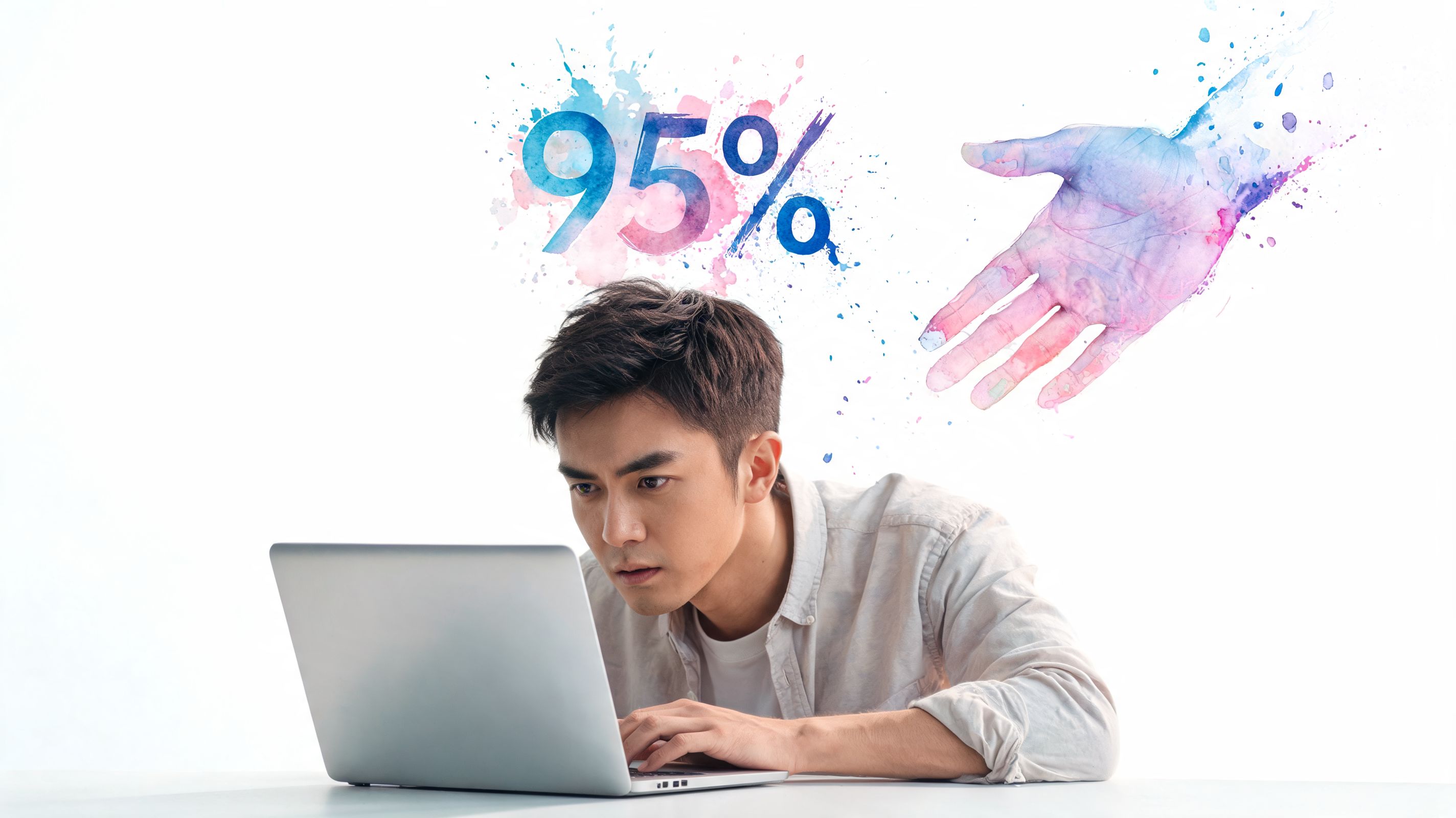 A young Asian man working on a laptop with a creative watercolor hand and 95% graphic overhead.