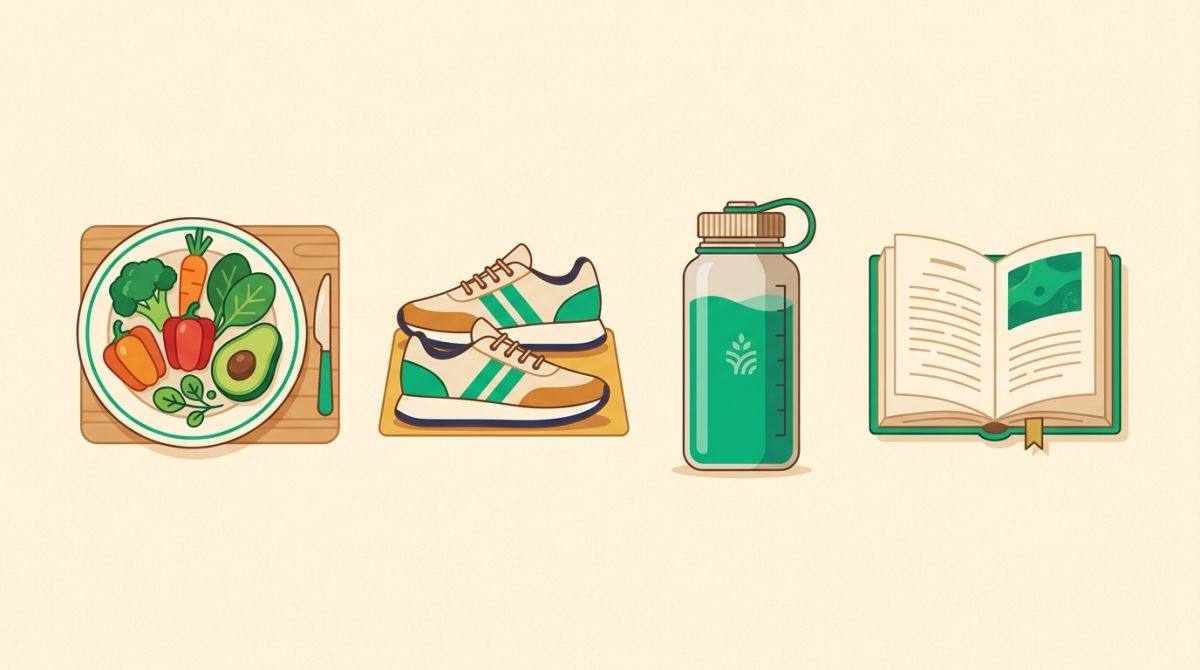 Four everyday objects standing for the four daily rules of 75 Soft: a healthy plate, running shoes, a water bottle, and a paperback book