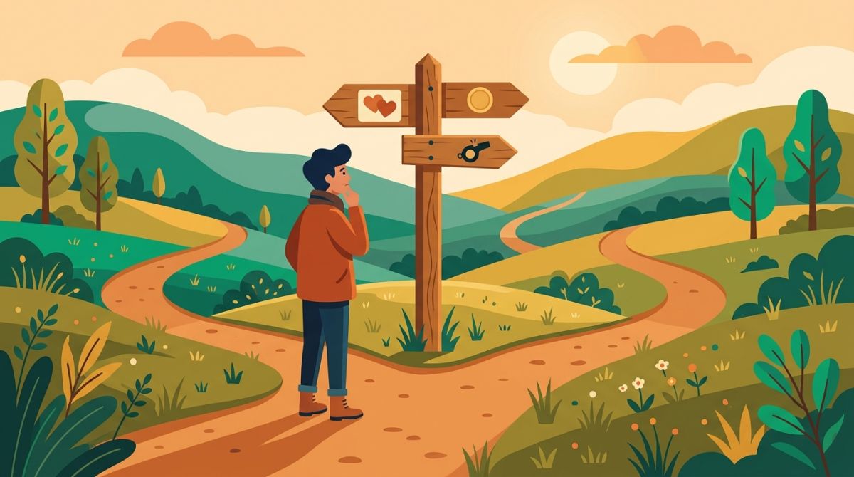 Illustration of a person at a signpost choosing between three routes