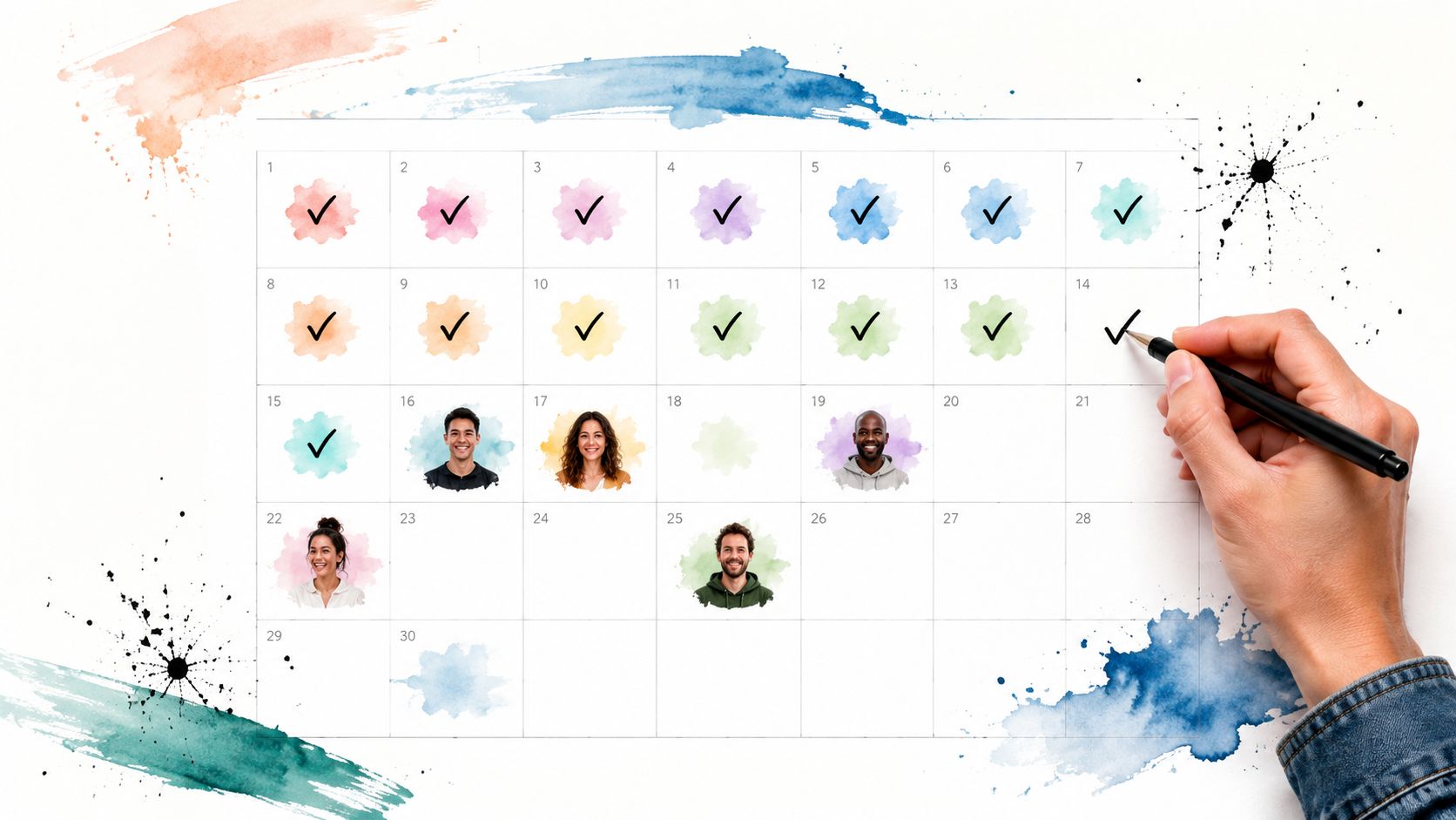 A hand using a pen to mark a check on a monthly calendar with diverse people portraits.