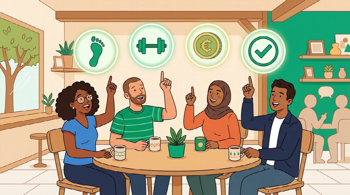 Four friends around a table choosing between icons for steps, a dumbbell, a coin, and a checkmark