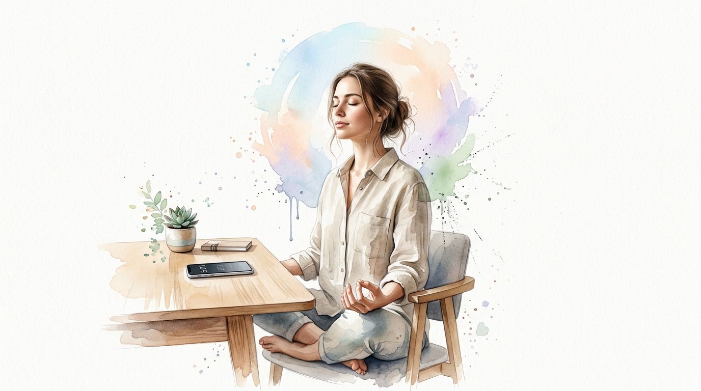 A watercolor illustration of a young woman meditating in a chair at a workspace, promoting mental health.