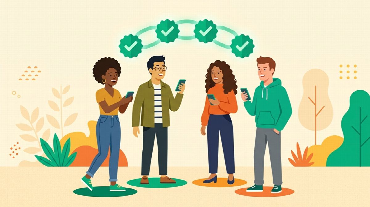Illustration of a small diverse group of friends celebrating each other's daily checkins on their phones