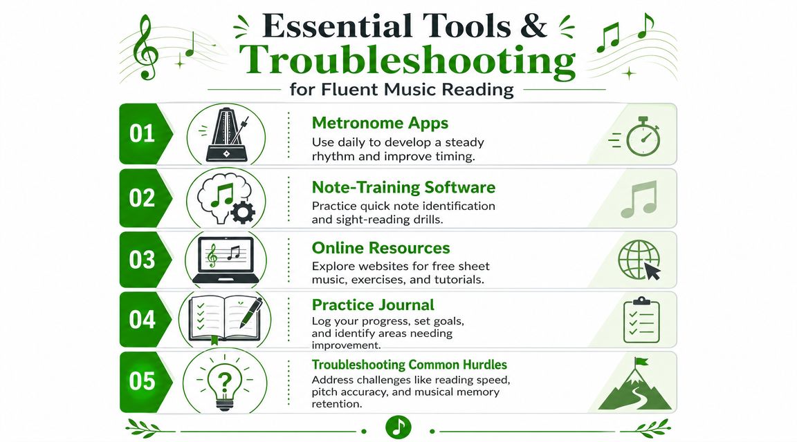 An infographic titled Essential Tools & Troubleshooting for Fluent Music Reading featuring five numbered steps for music learners.