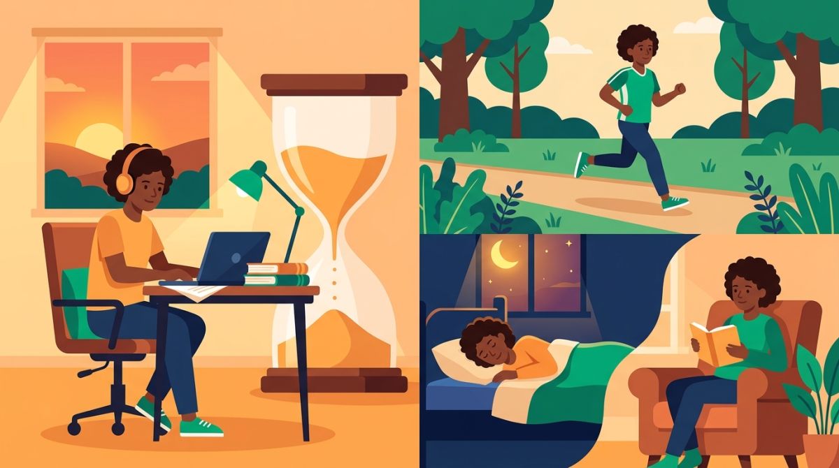 Flat illustration contrasting hours spent in a voice room with real-life habits like sleep, exercise, and reading