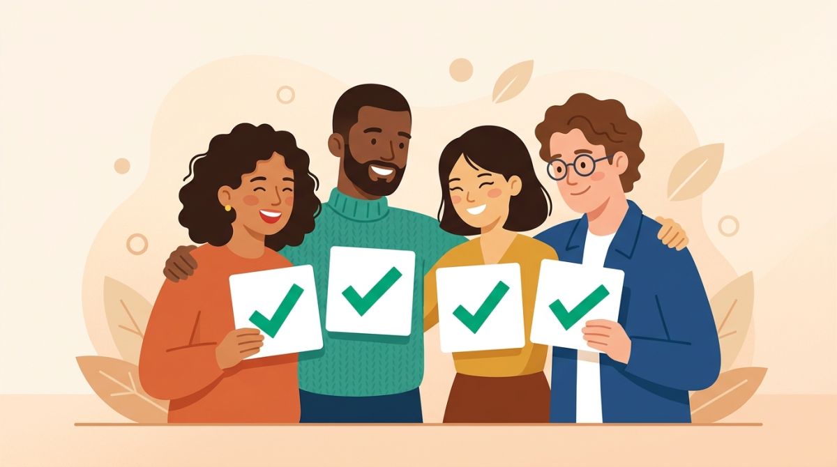 Illustration of a small group of people each holding up a daily checkmark in a shared circle