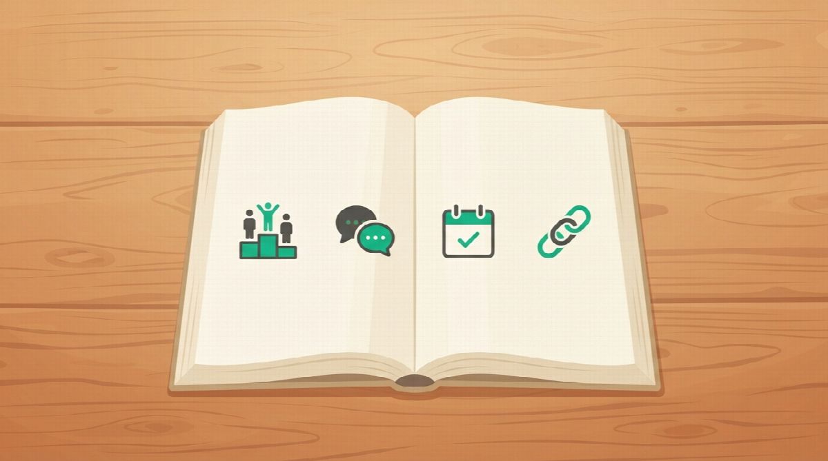 An open book with four icons above it: a podium, speech bubbles, a calendar checkmark, and a chain of links