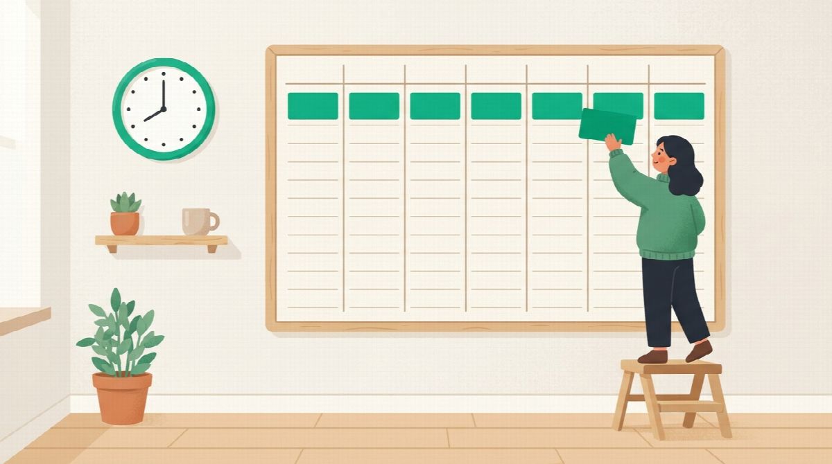 A weekly planner board with green blocks placed at the same morning slot across the days and a small figure placing the next block