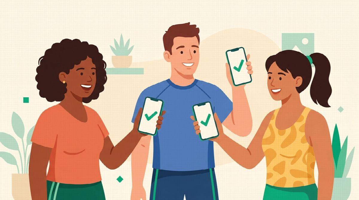 Three friends comparing daily checkins on their phones after a workout