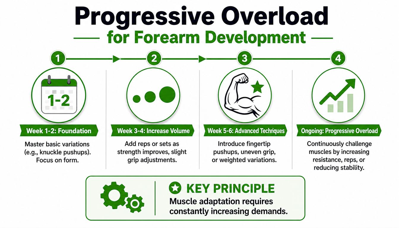 A diagram outlining a four-step progressive overload plan for developing forearm strength through various pushup exercises.