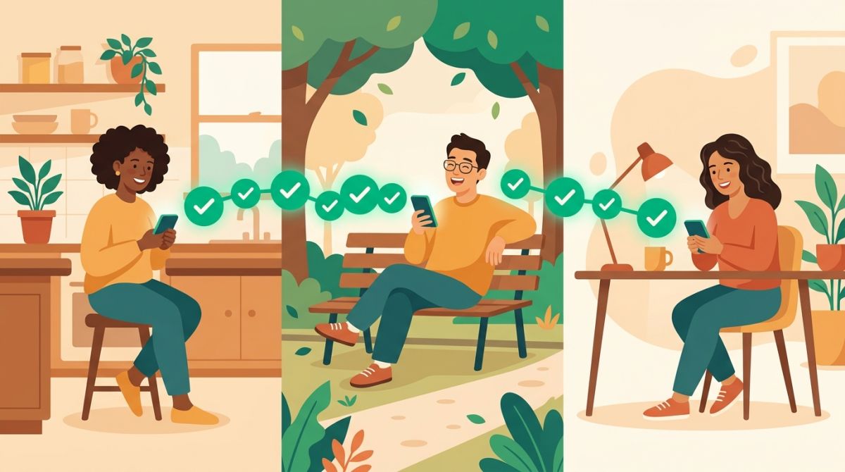 Illustration of three friends each checking in on their phones, with a chain of linked checkmarks connecting them