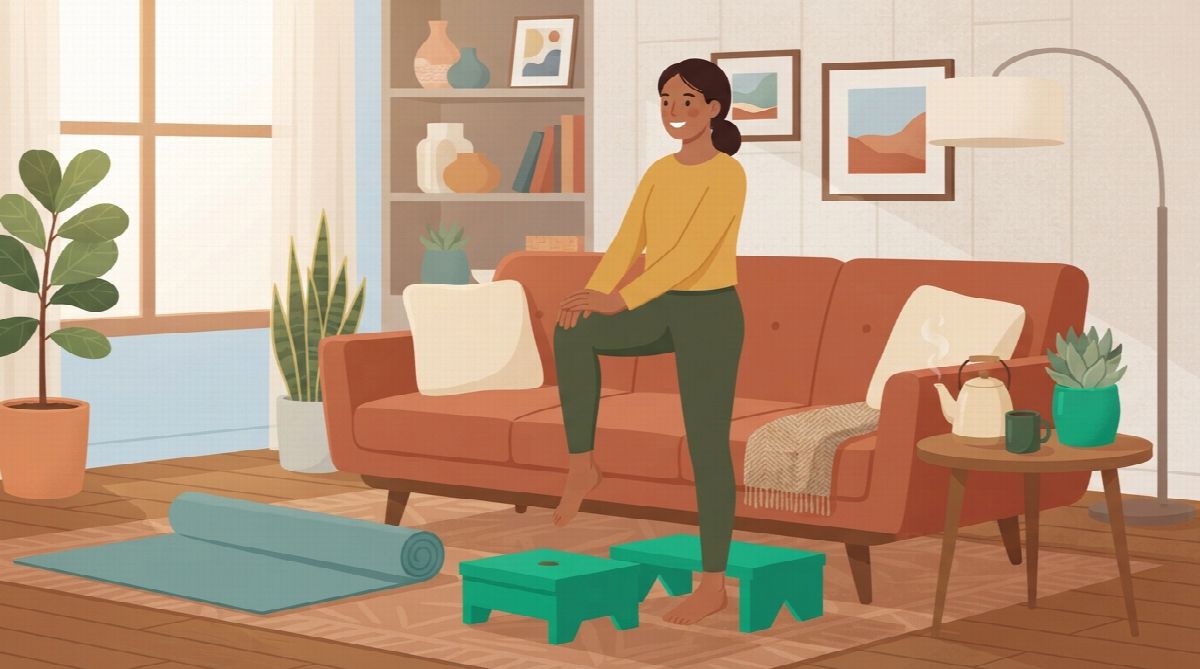 A person doing an easy stretch in a living room with one foot on a small green step, a yoga mat half unrolled, a kettle steaming