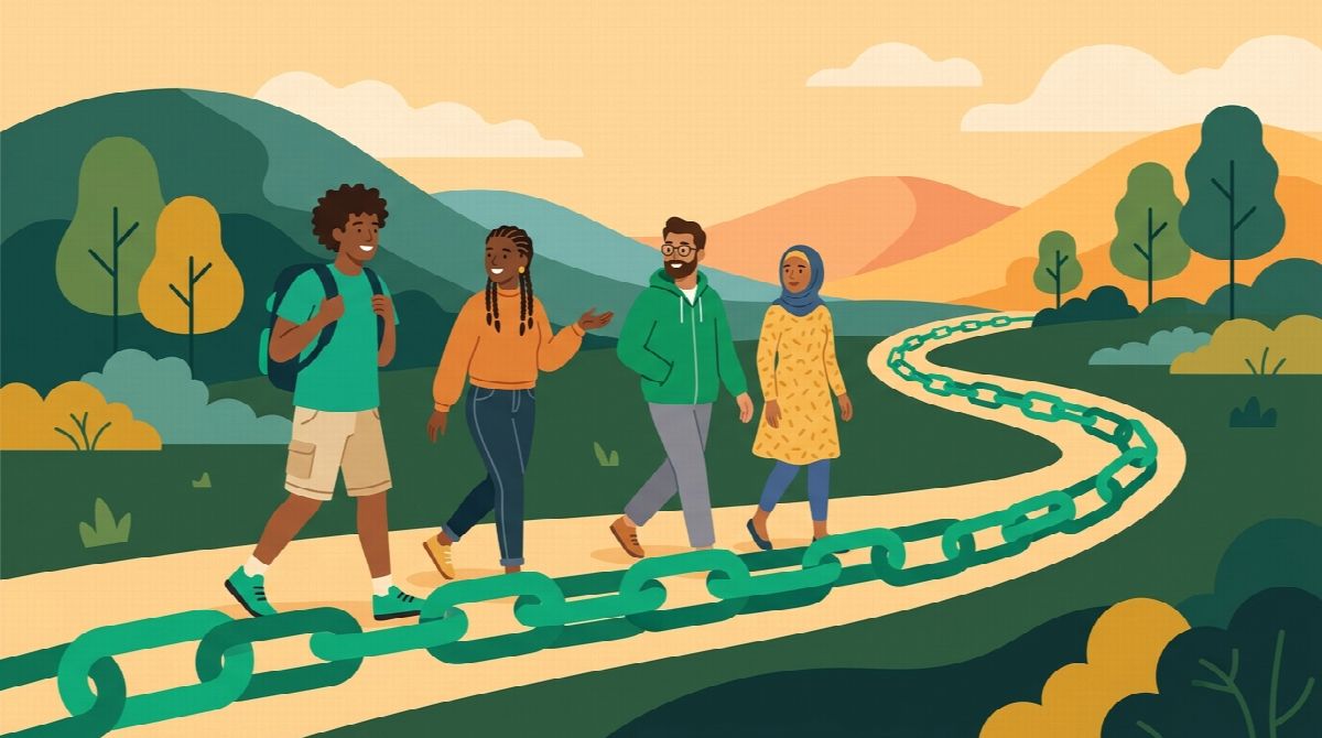 Illustration of a small group of friends walking together on a path made of linked chain segments
