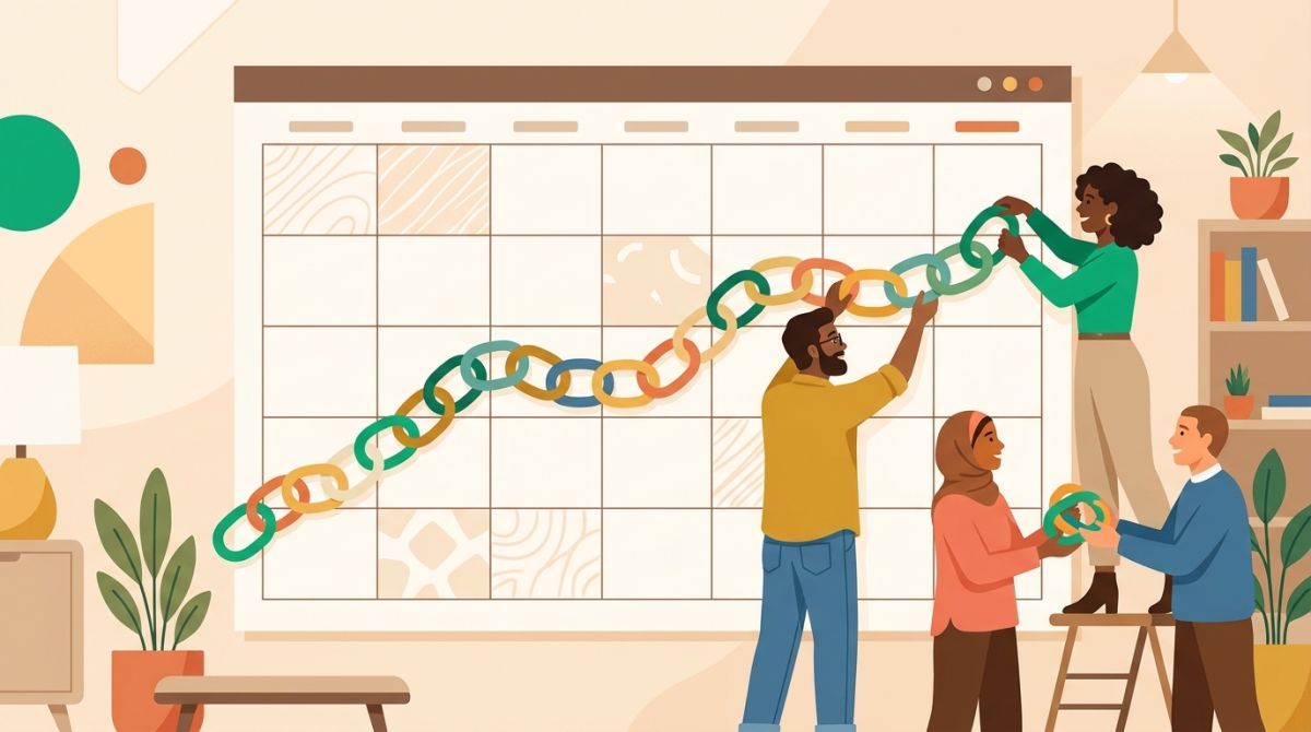 Illustration of a calendar with a chain of connected links growing across it, one link added per day