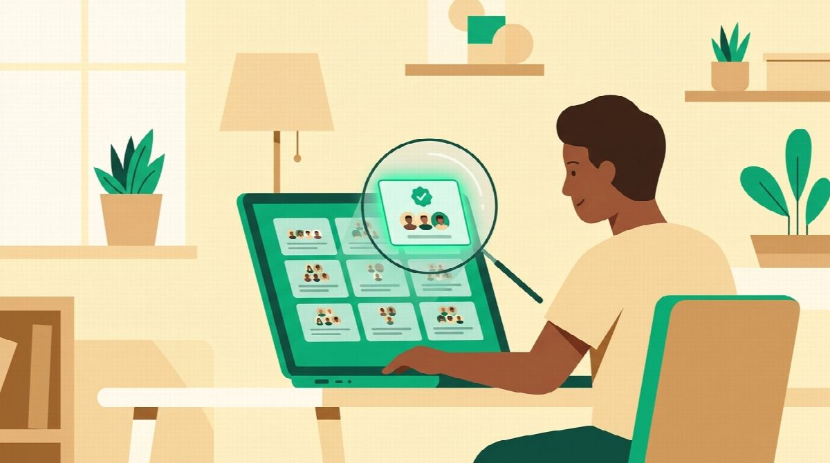 Illustration of a person at a laptop browsing a directory of small community cards, with a magnifying glass highlighting one that shows a daily checkin channel
