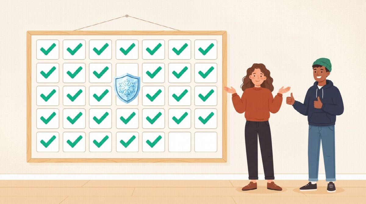 A wall calendar full of green checkmarks with one empty square protected by a snowflake shield, while a friend gives a thumbs up