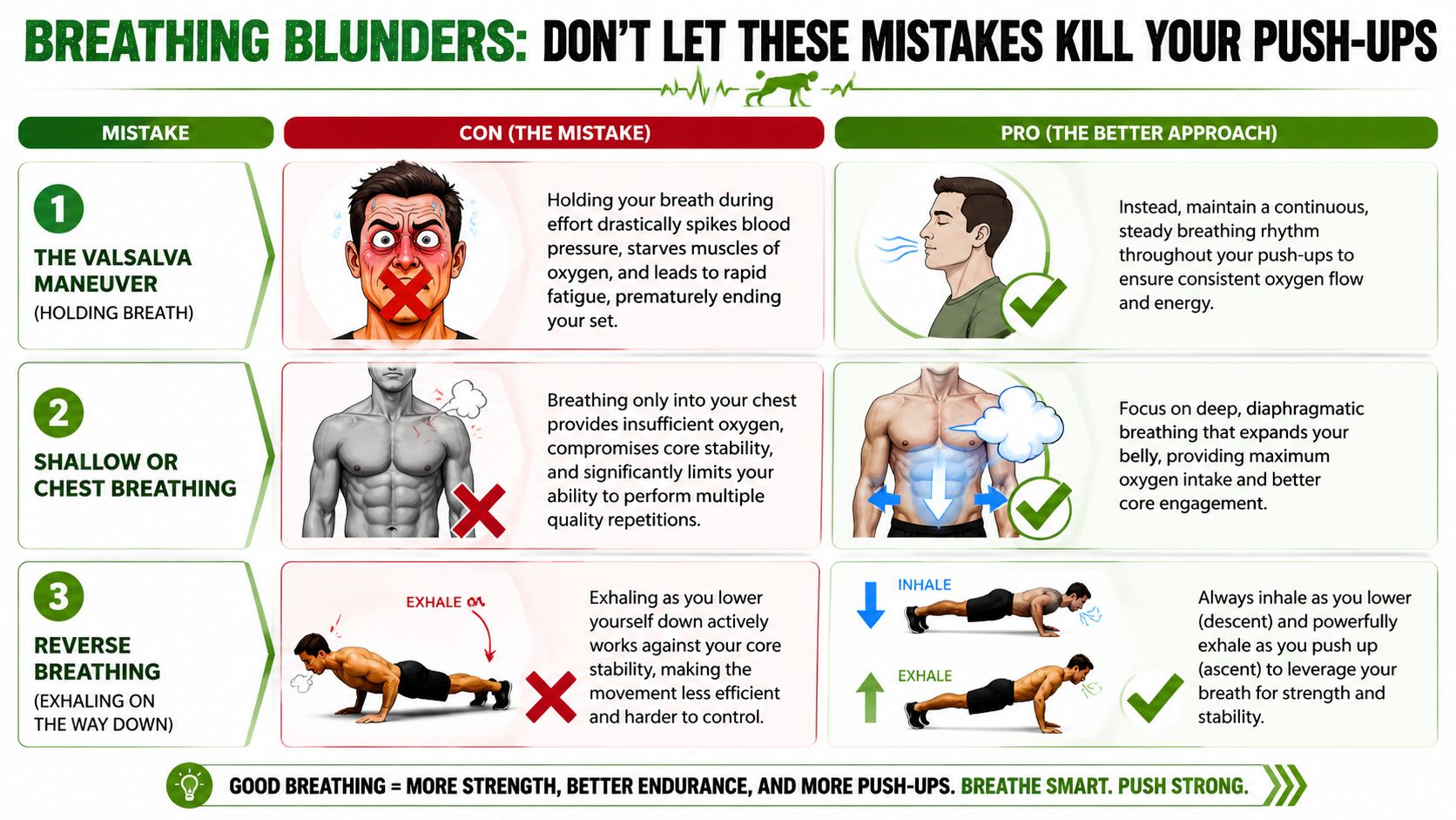 An infographic showing common breathing mistakes during push-ups and the correct techniques for better performance.