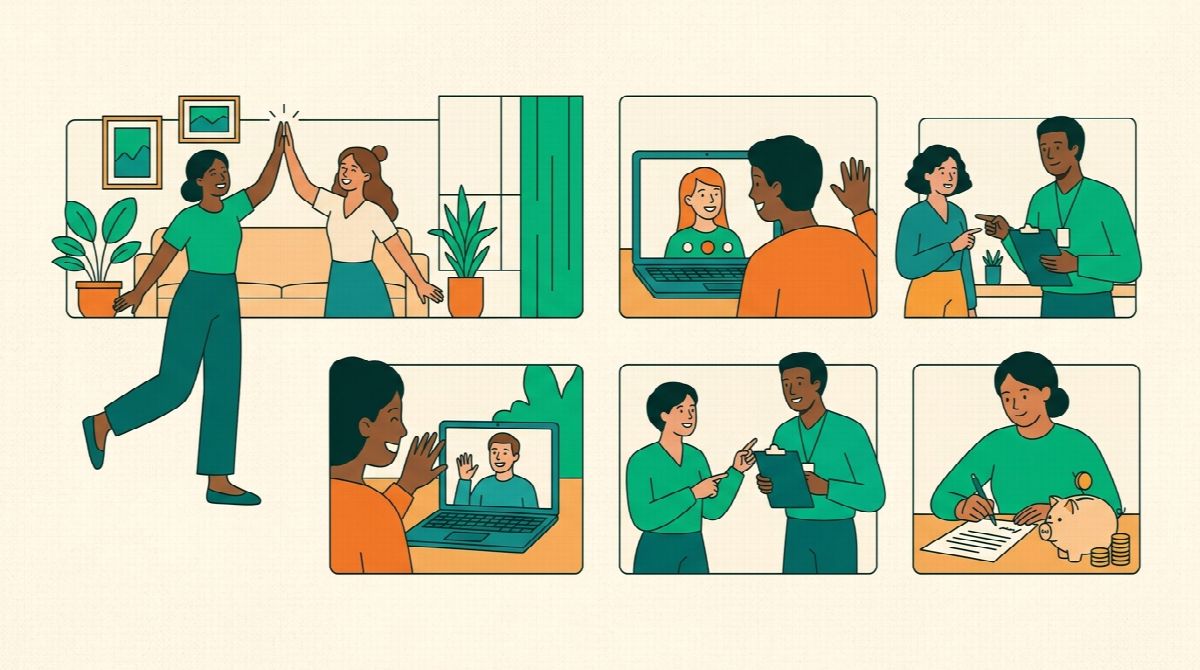 Illustration of four accountability models: a friend, a matched stranger, a coach, and a commitment contract