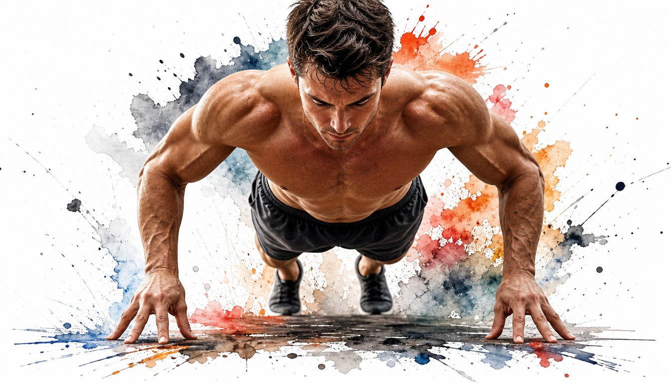 A muscular man performing a pushup exercise with artistic watercolor splashes behind him against white background.