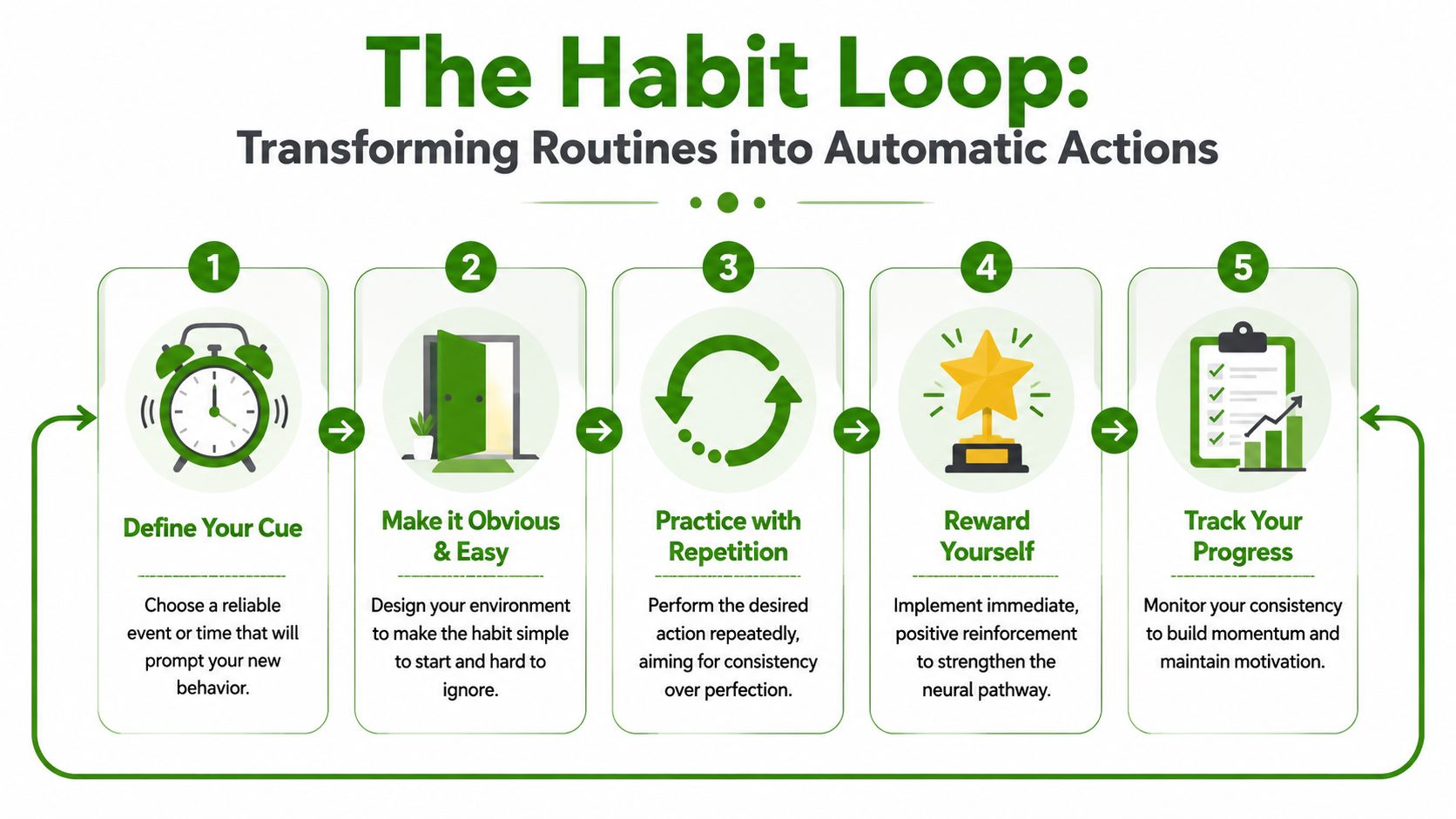 An infographic titled The Habit Loop showing five steps to transform daily routines into automatic actions.