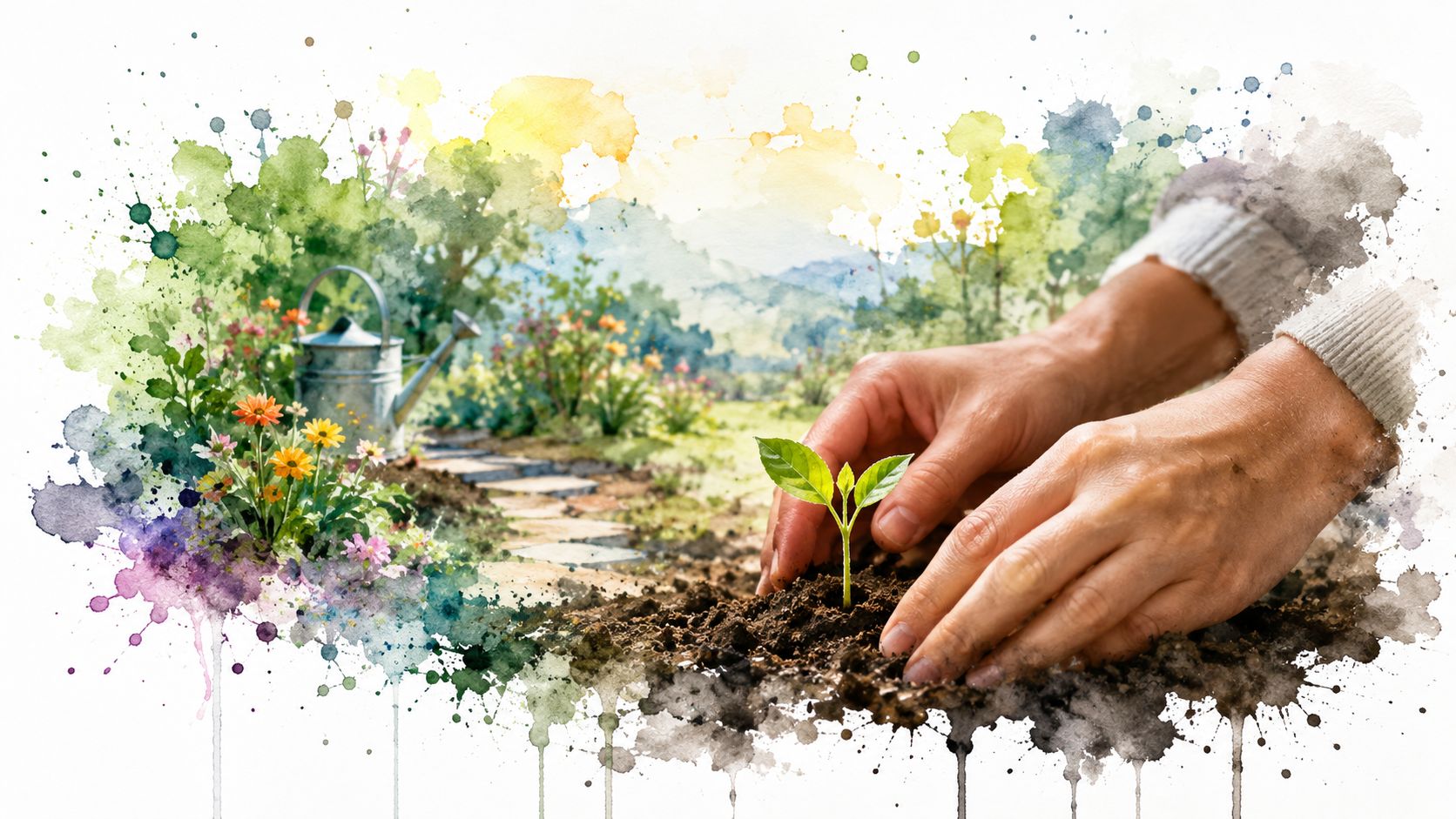 Close-up of hands planting a small green seedling into the soil with a garden in the background