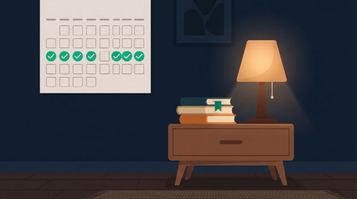 A bedside table with a stack of books and a wall calendar full of green checkmarks