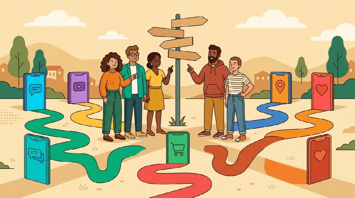 Illustration of five friends choosing between paths on a signpost