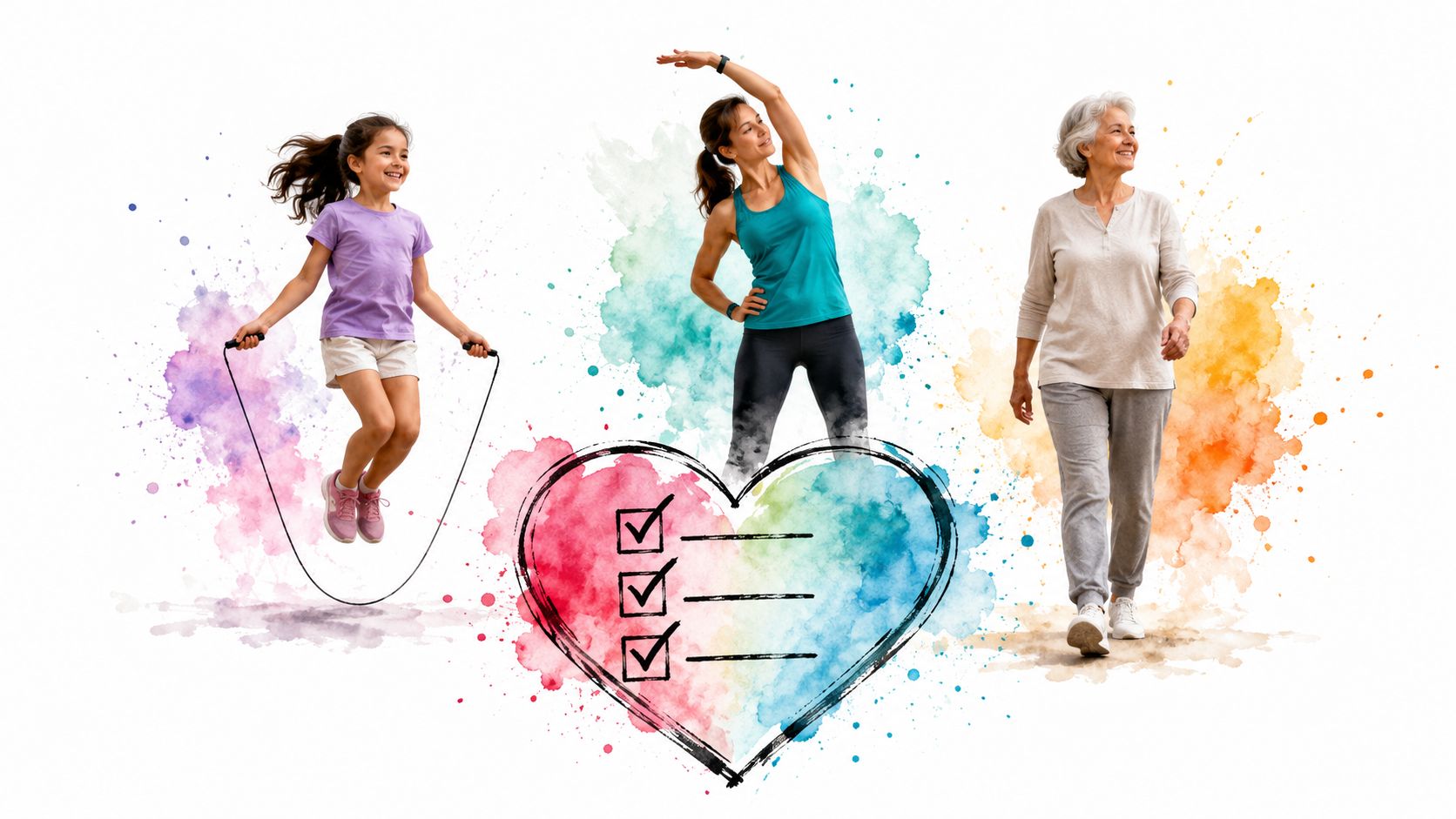 A young girl, a woman, and a senior woman exercising with a heart-shaped fitness checklist graphic.