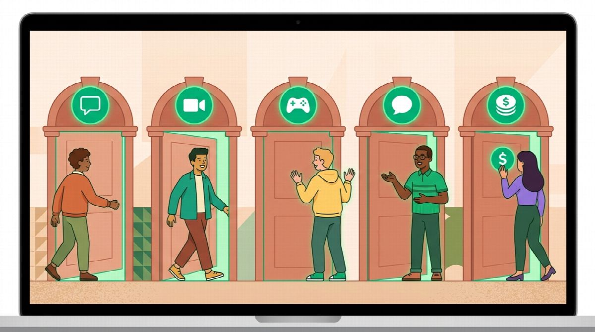 A laptop screen showing five doorways side by side, each with a different icon: a chat bubble, a video camera, a game controller, a speech balloon, and a coin