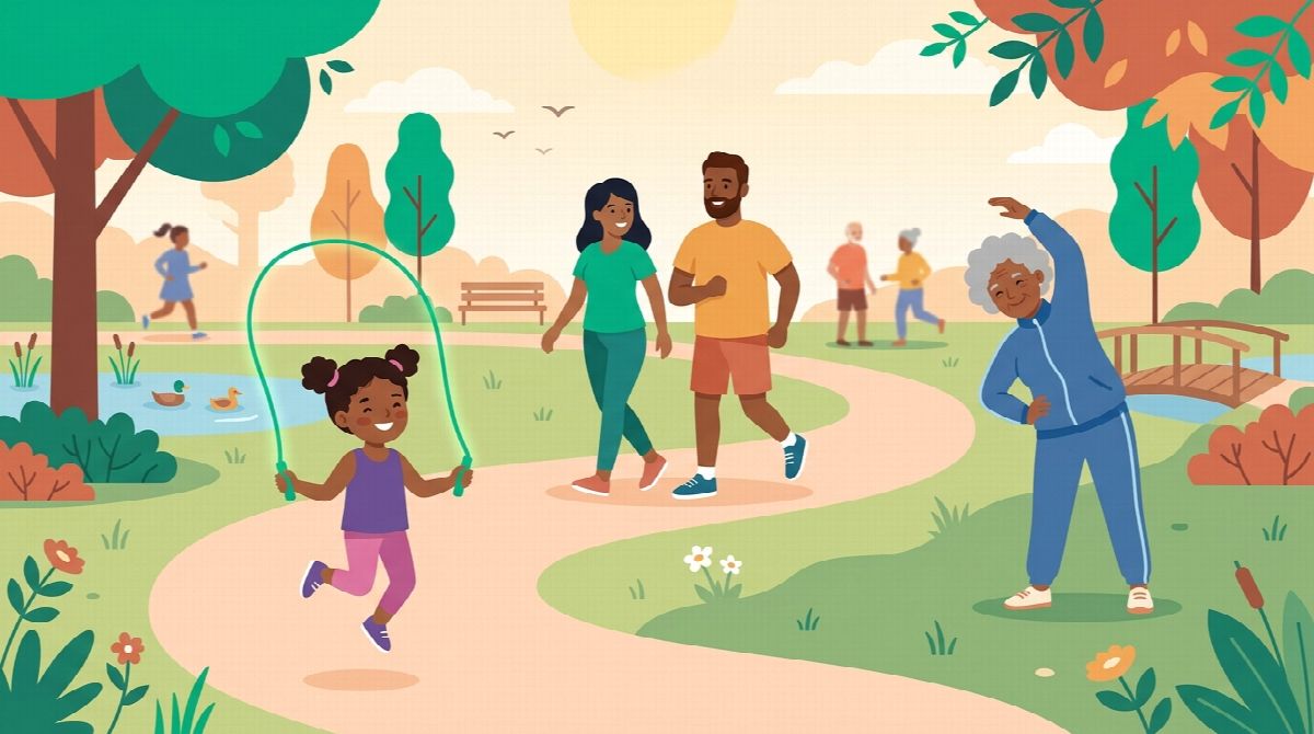 Flat illustration of a multi-generational family exercising in a park, a child skipping rope, parents walking, and a grandparent stretching
