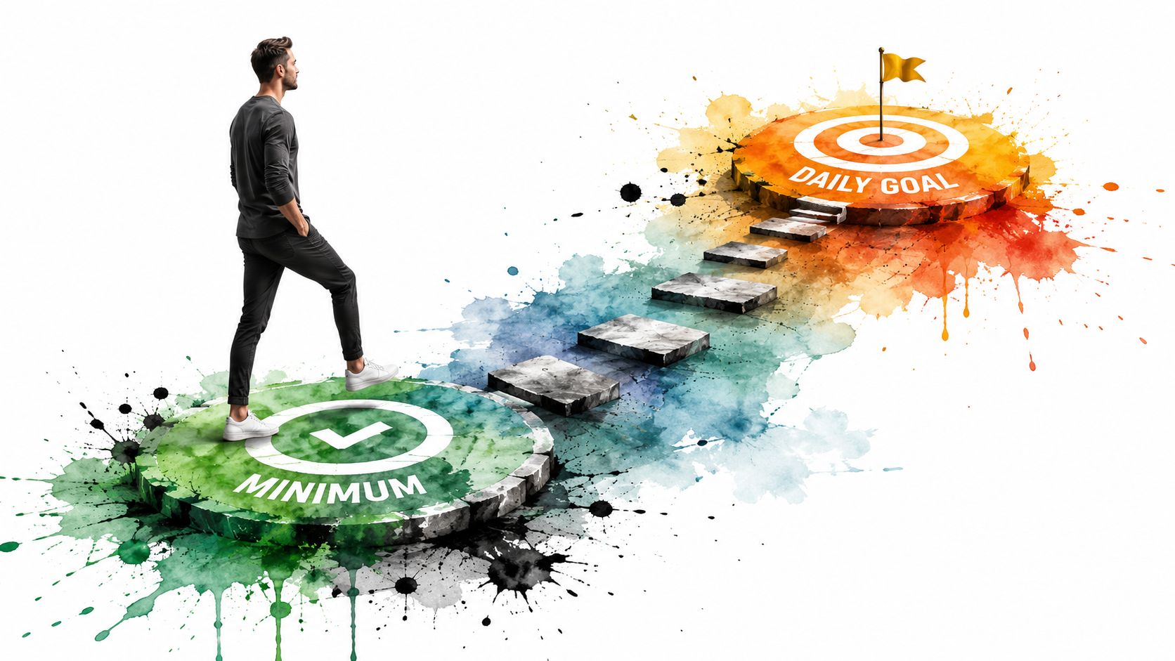 A man stepping from a green minimum effort platform toward a colorful daily goal target.