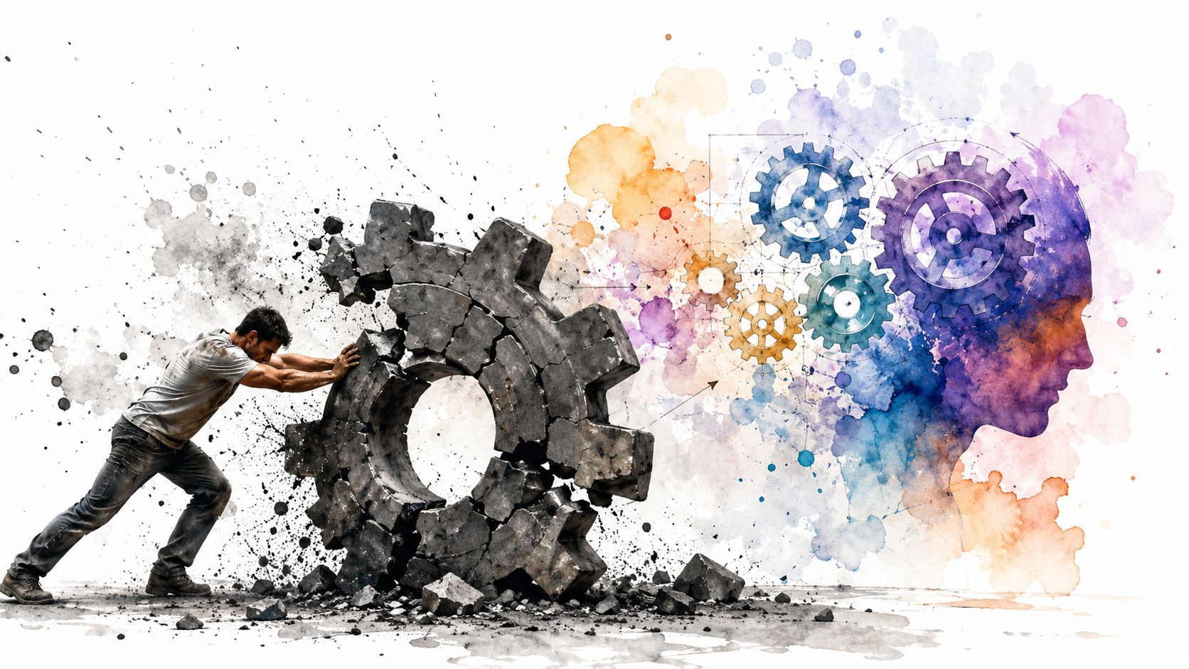 A man pushing a large stone gear toward a colorful watercolor profile of a human head containing gears.