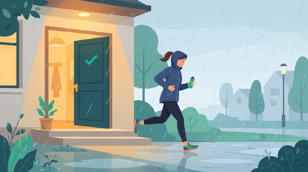 A runner in a rain jacket stepping out of a front door into light rain for a short jog, a small green check on the door