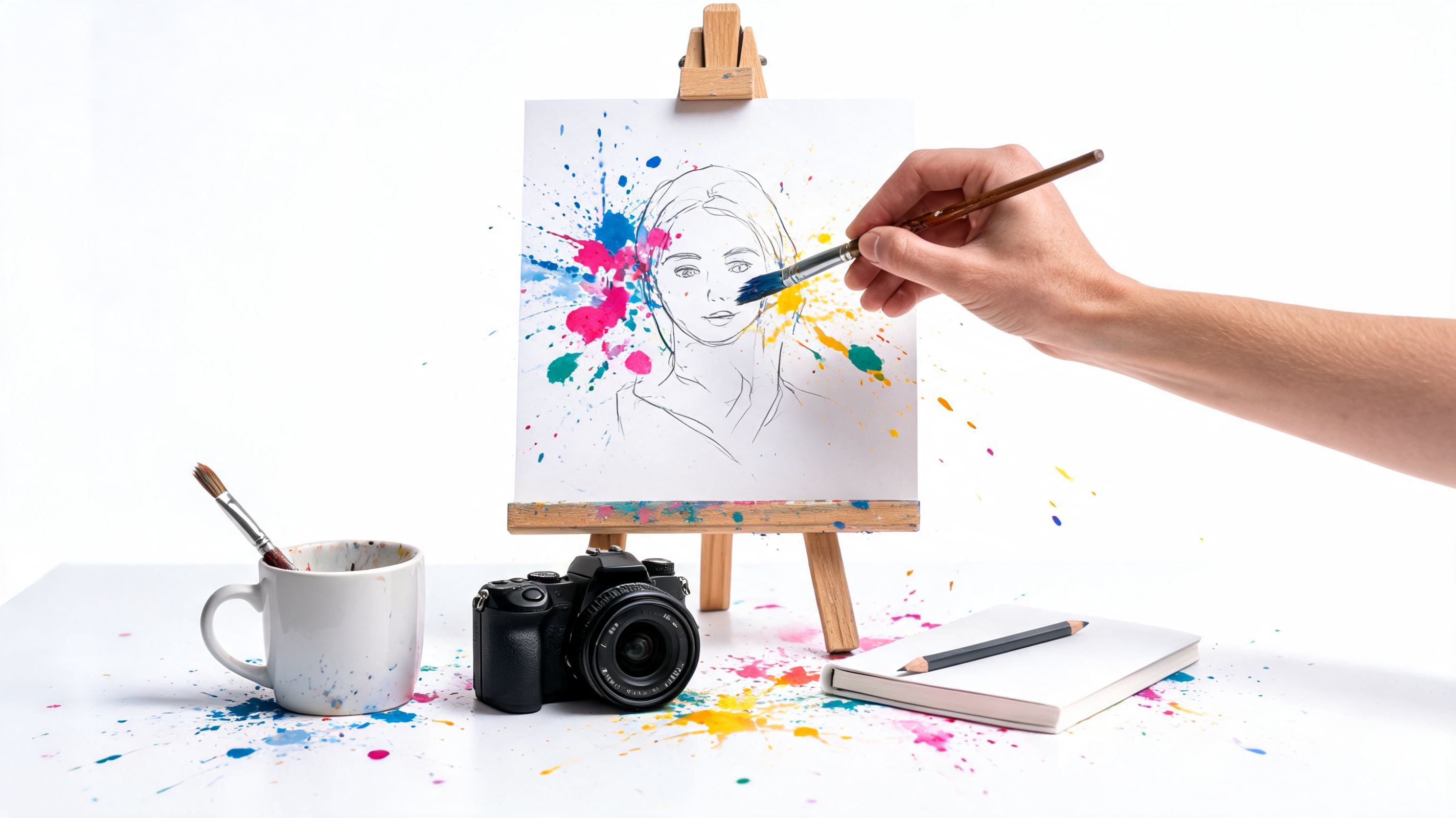 A person painting a portrait on an easel with colorful paint splashes around the drawing.